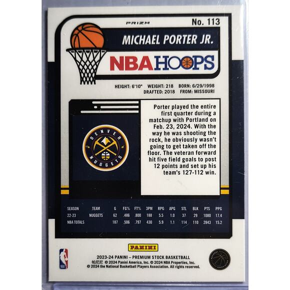 Panini 2023-24 NBA Hoops Premium Stock MICHAEL PORTER JR. #113 Multi-Wave Prizm - Picture 2 of 2